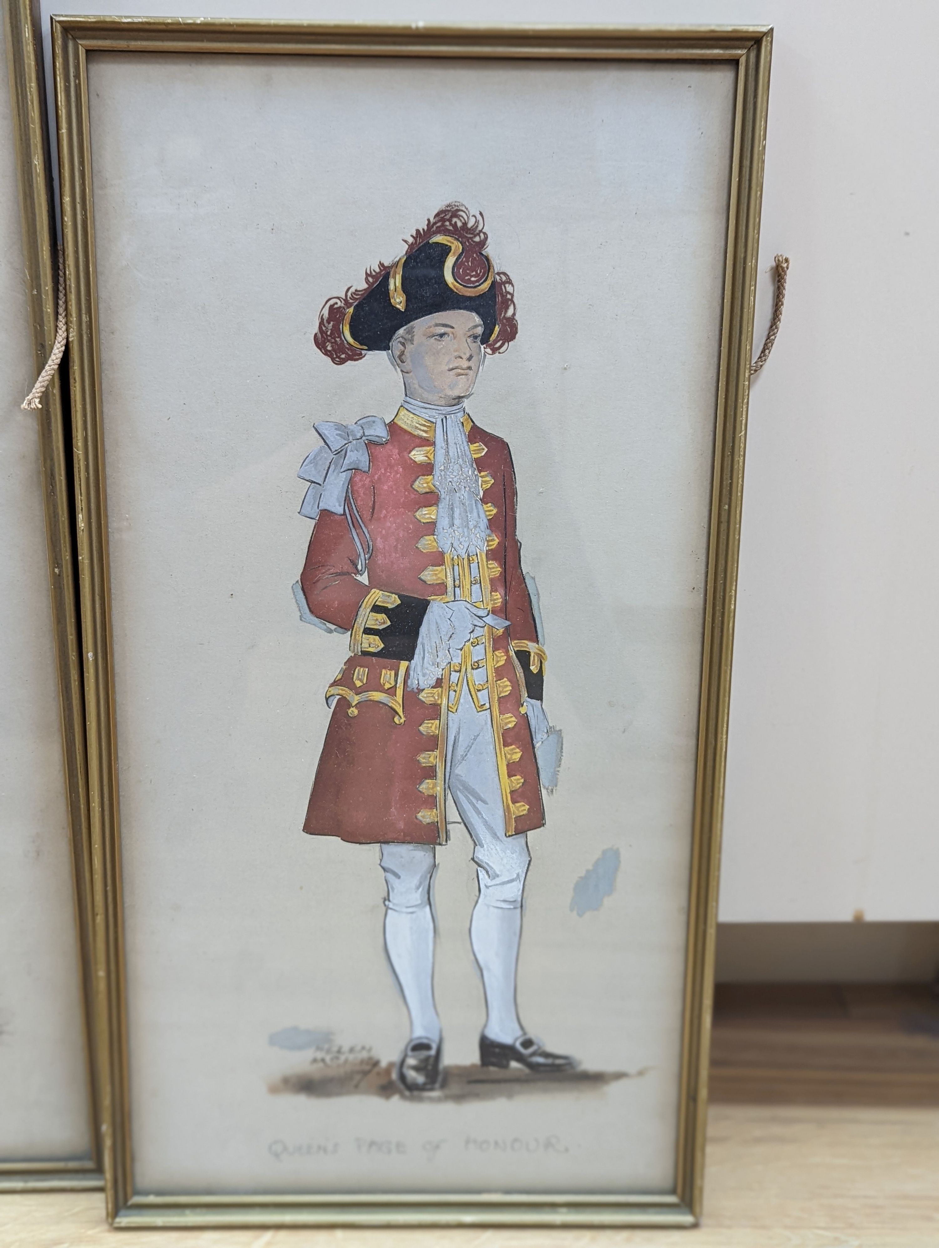 Helen McKie, three gouache and watercolour studies, Gentleman at arms, Queen's Page of Honour and Herald, signed, largest 47 x 26cm